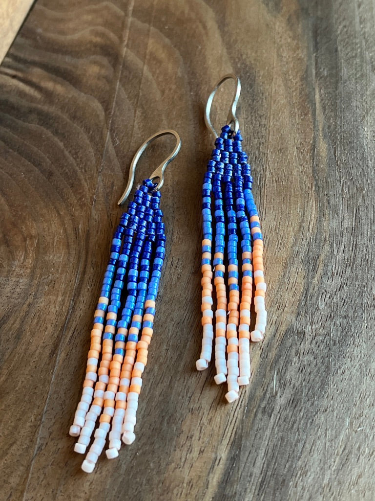 Beaded Fringe Earrings | Blue and Orange