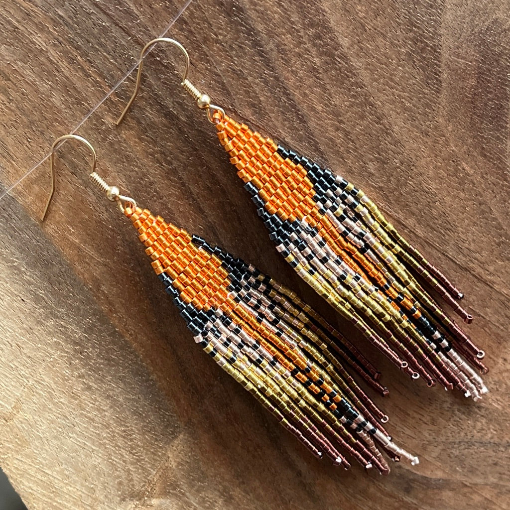 Beaded Fringe Earrings | Metallic Orange and Browns