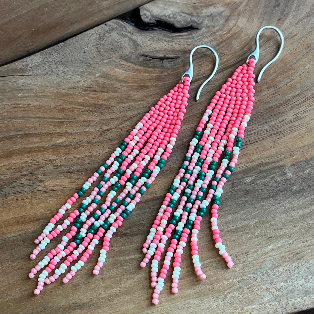 Beaded Fringe Earrings | Pinks and Green