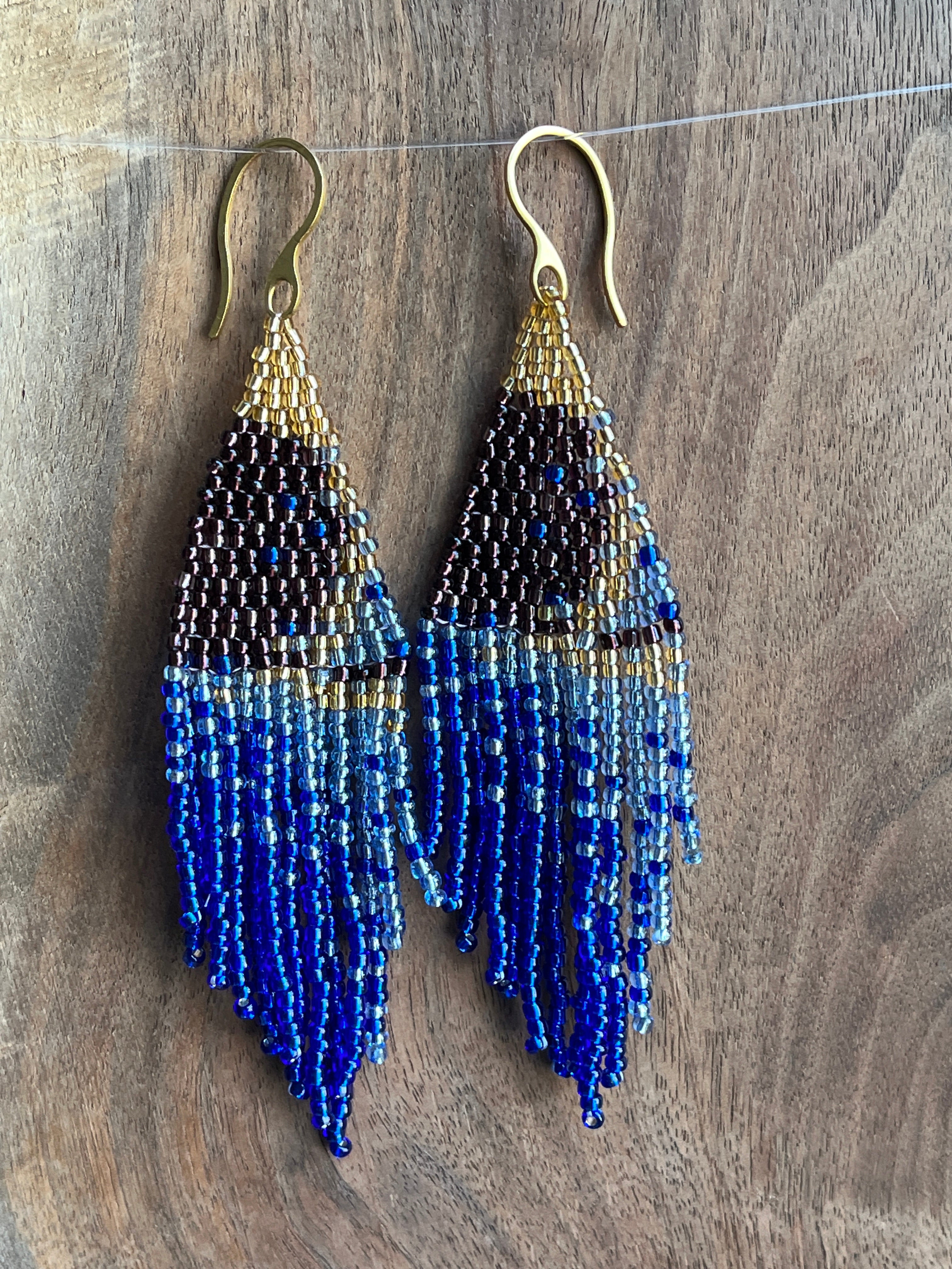Beaded Fringe Earrings | Blue and Maroon