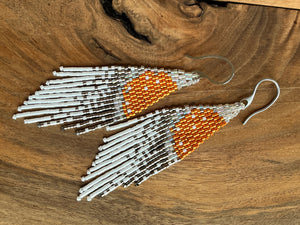 Beaded Fringe Earrings | Metallic Orange, White & Grey