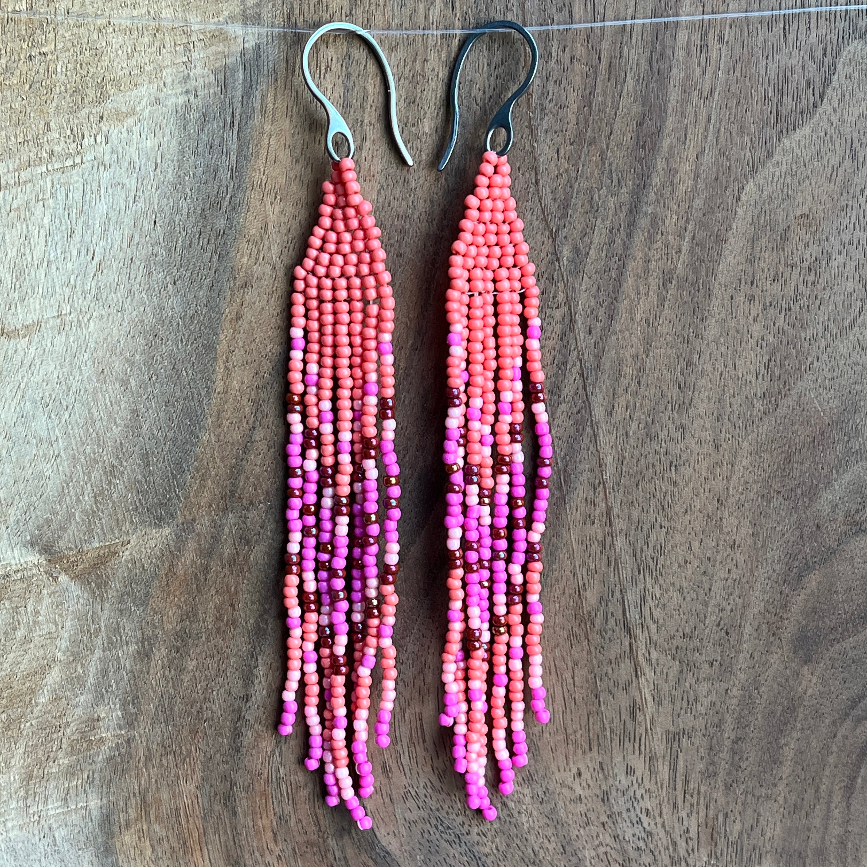 Beaded Fringe Earrings | Pinks and Green