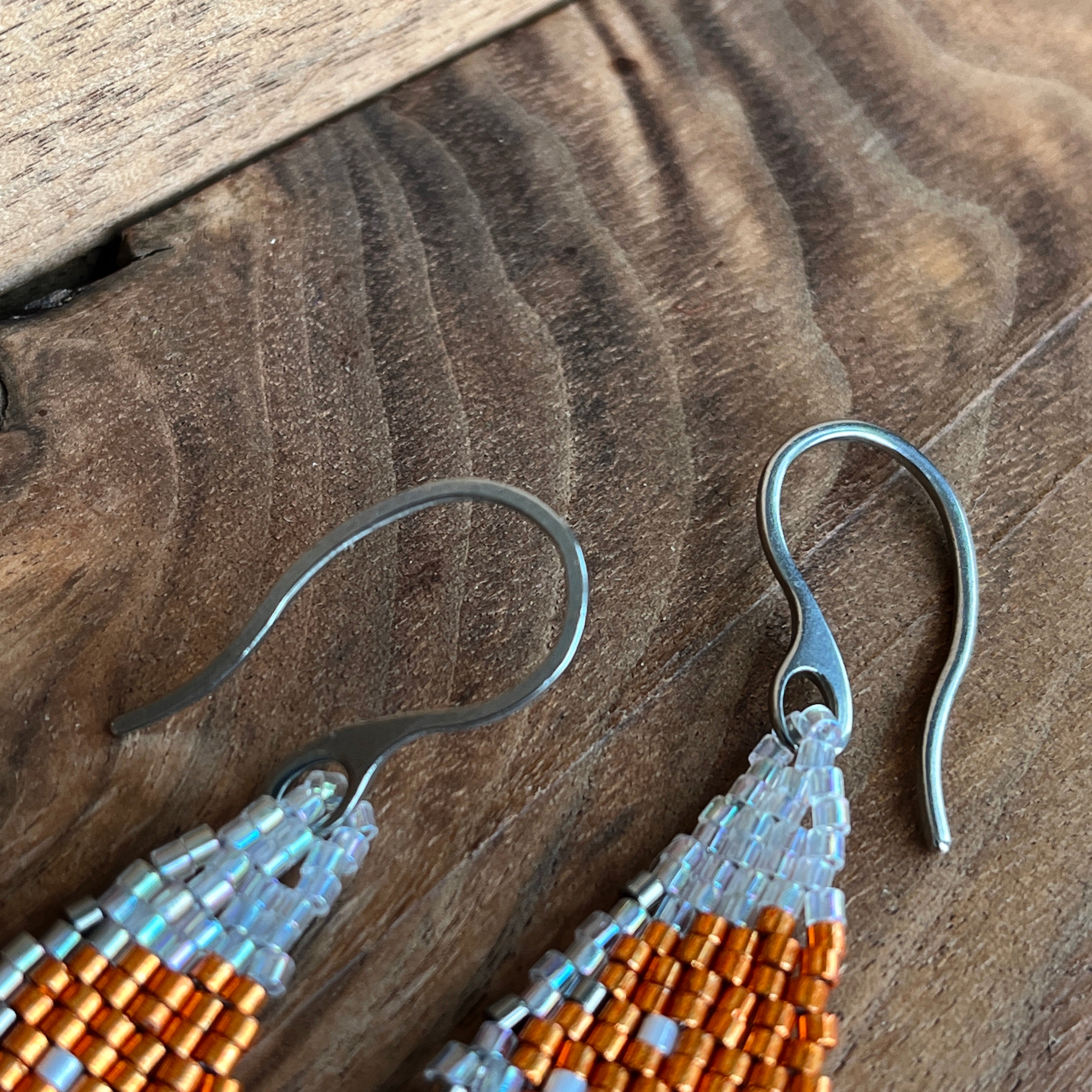 Beaded Fringe Earrings | Metallic Orange, White & Grey