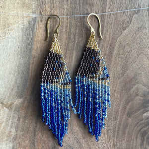 Beaded Fringe Earrings | Blue and Maroon