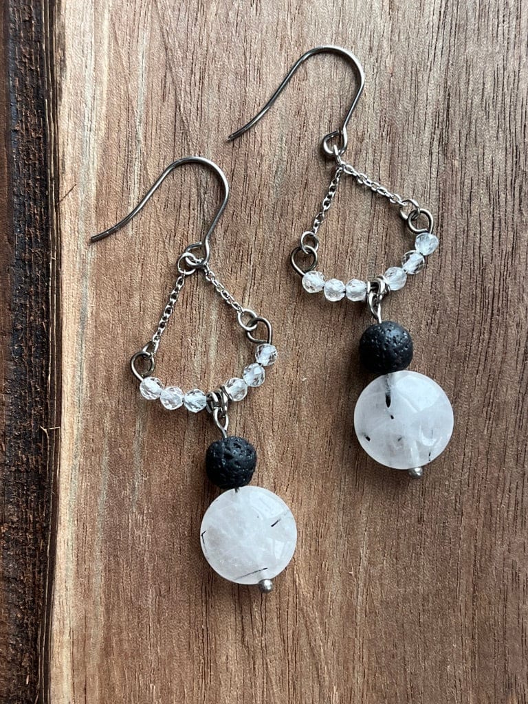 LJ Turtle Aromatherapy & Accessories Earrings Emotional Stabilizer | Rutilated Quartz, Moonstone & Lava Stone Essential Oil Diffuser Earrings