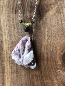 LJ Turtle Aromatherapy Pink Carved Tourmaline with Green Tourmaline and Lava Stone Aromatherapy Pendant